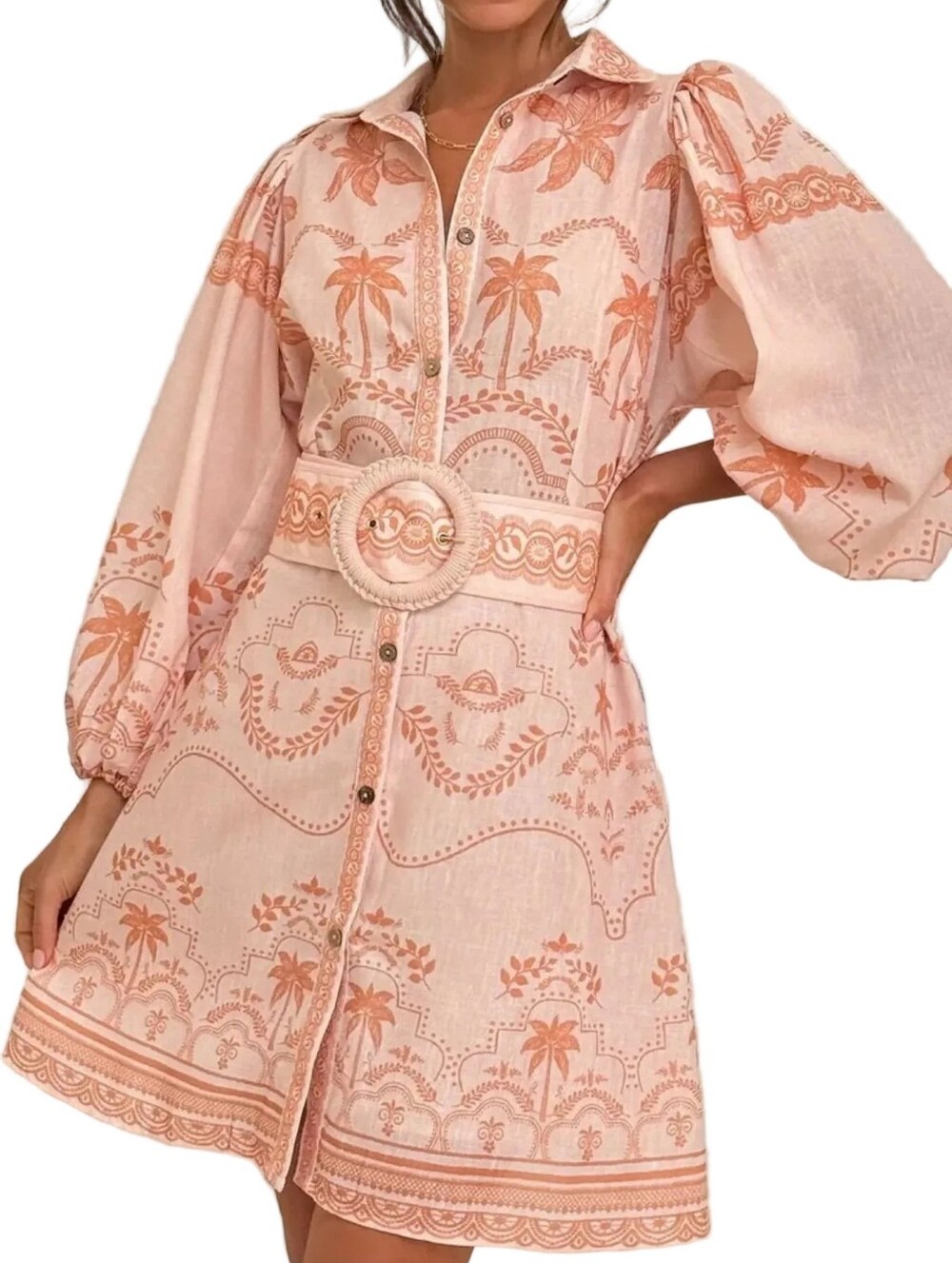 Palm Beach Belted Waist Button Down Baloon Long Sleeve Boho Mini Shirt Dress - Picture 8 of 10